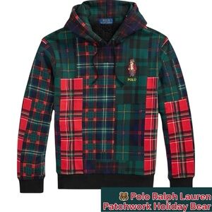 Polo by Ralph Lauren Multicolor Patchwork Hi-Pile Fleece Hoodie Holiday Bear MD
